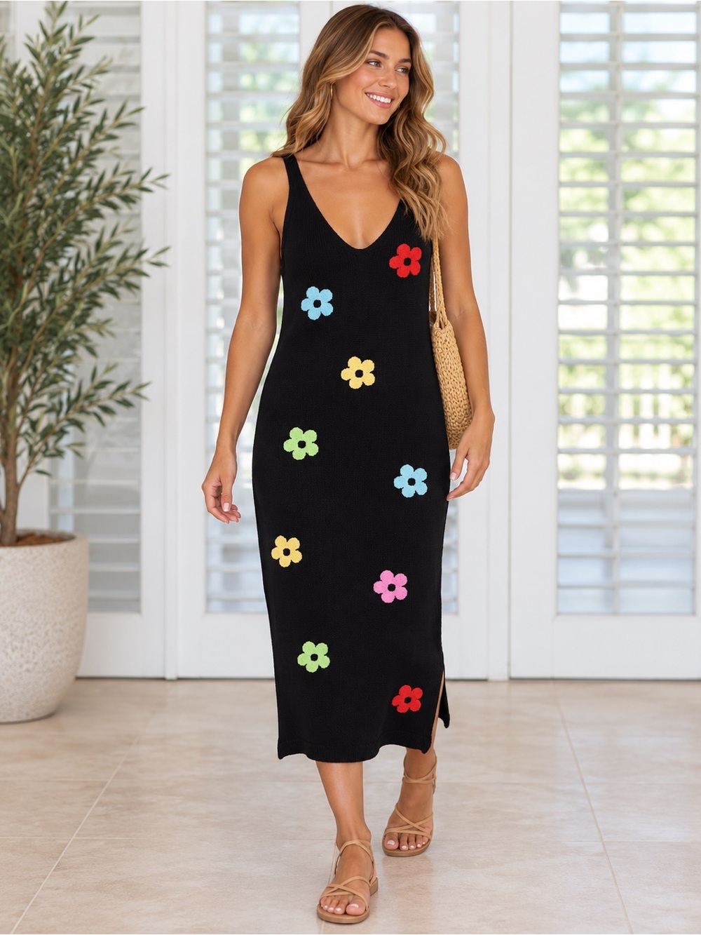 Cider Black Floral Applique Midi Dress with Multicolor Blooms